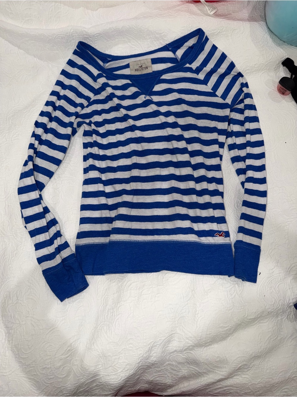 Hollister Royal Blue and White Striped Scoop-Neck Sweater